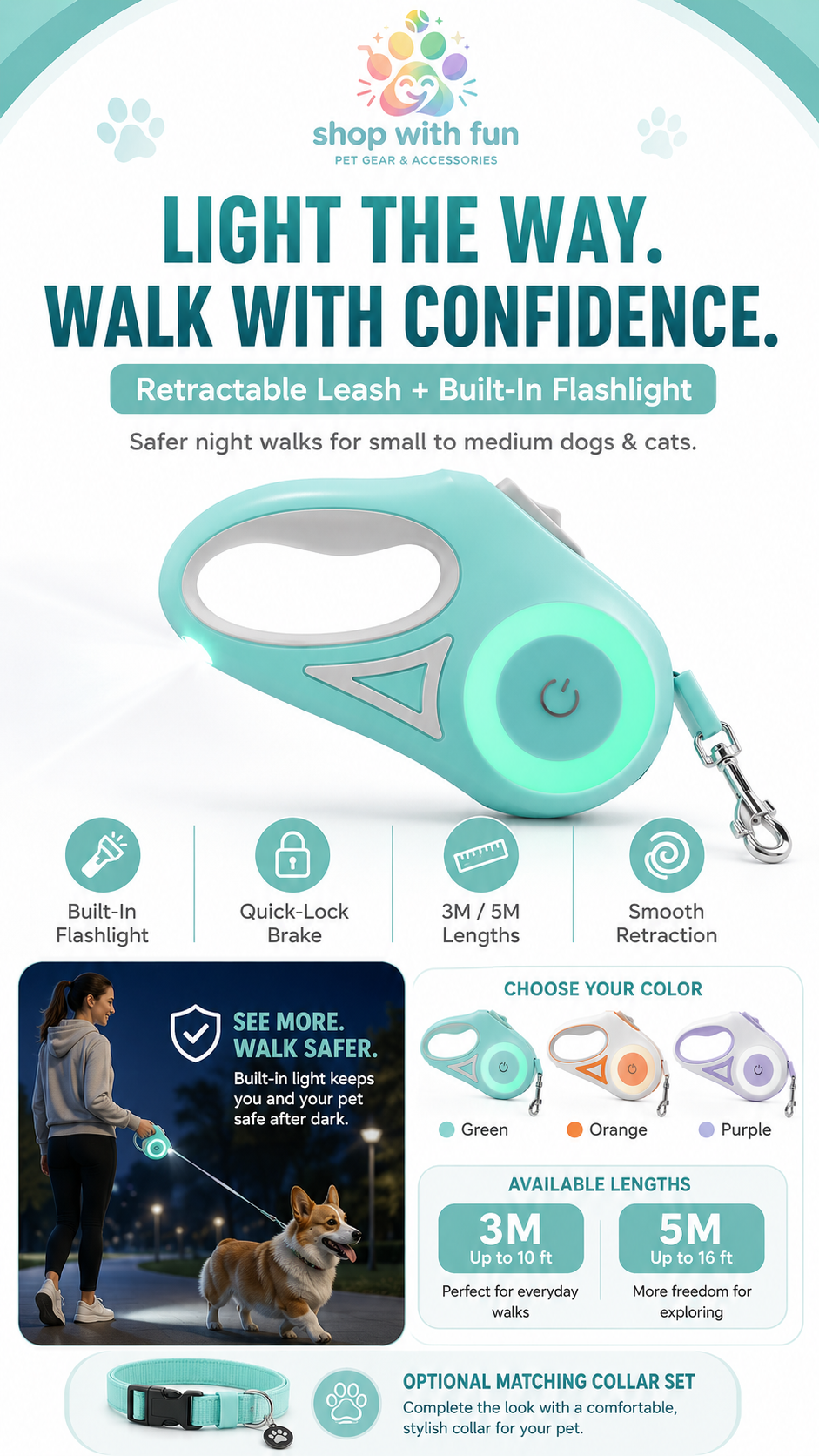 Retractable dog leash with built-in flashlight, quick-lock brake, smooth retraction, 3M and 5M length options, and green orange purple colors for night walks