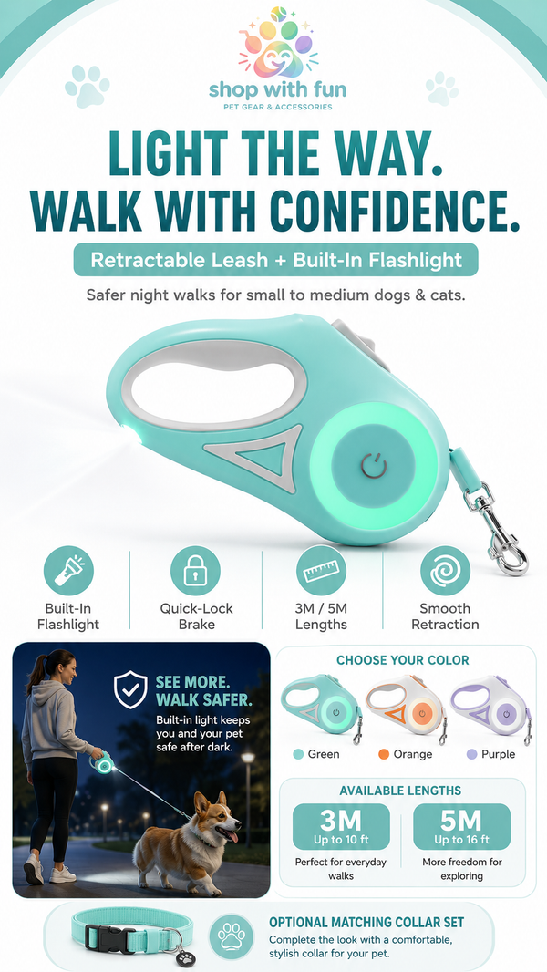 Retractable dog leash with built-in flashlight, quick-lock brake, smooth retraction, 3M and 5M length options, and green orange purple colors for night walks