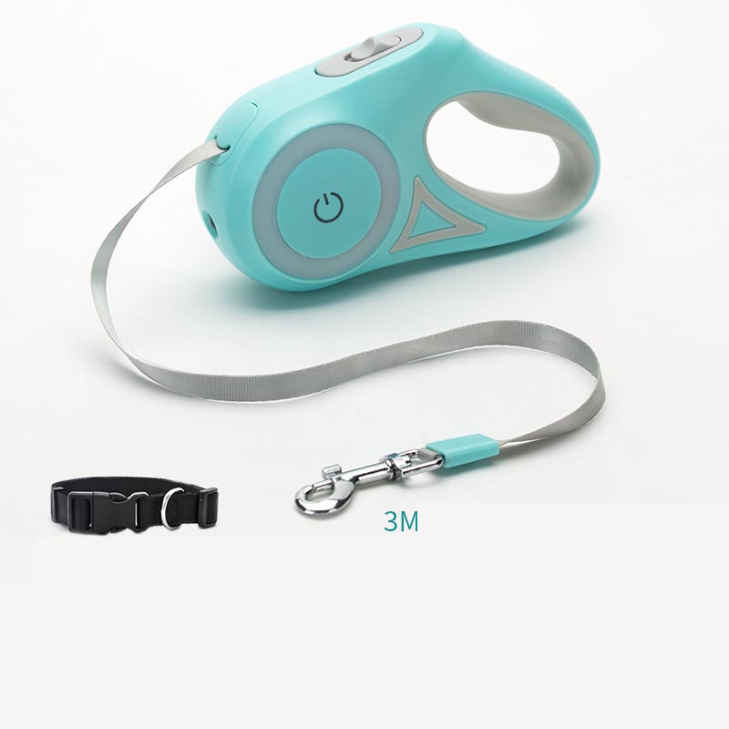 Illuminated retractable dog leash with built-in flashlight for night walks - Green Set 3m