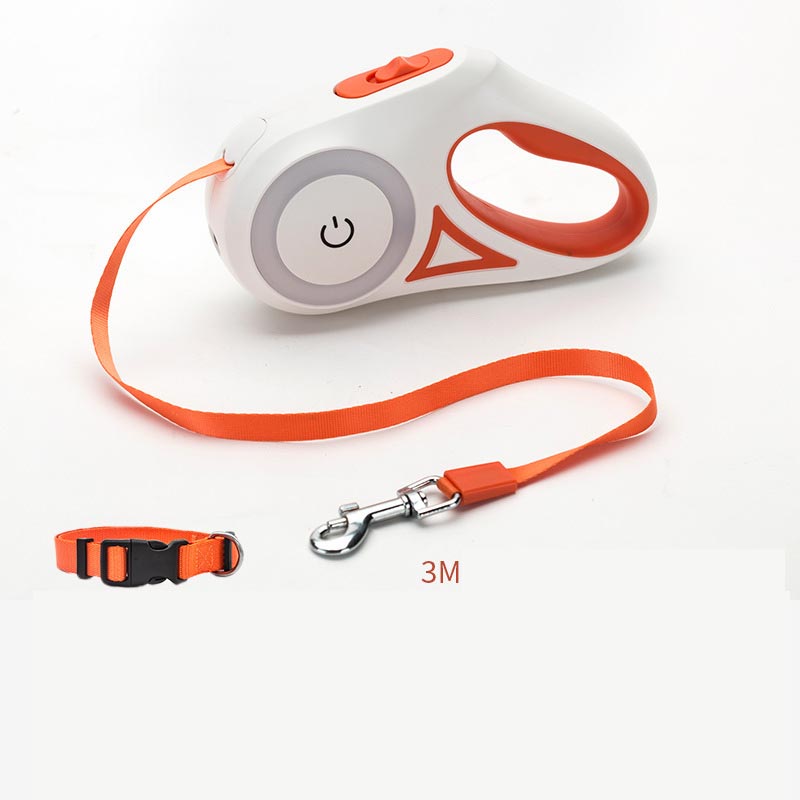 Illuminated retractable dog leash with built-in flashlight for night walks - Orange Set - 3m