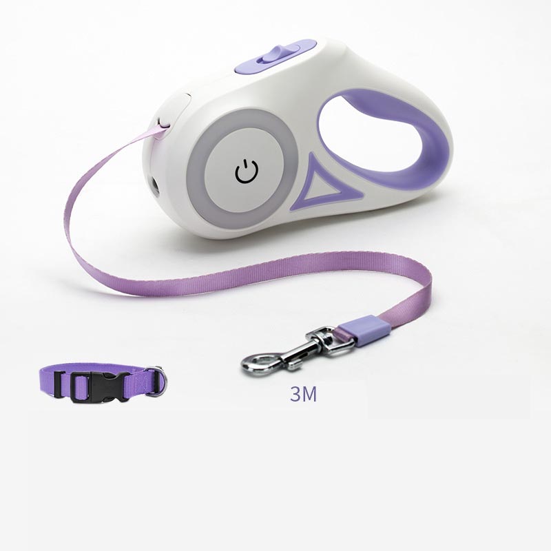 Illuminated retractable dog leash with built-in flashlight for night walks - Purple Set -3m