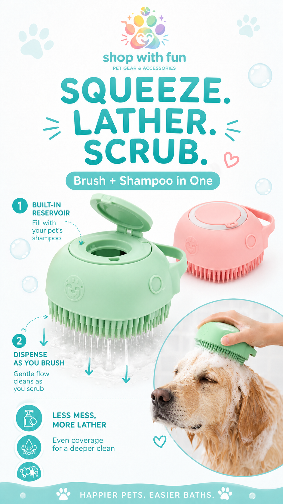 Silicone pet bath brush with built-in shampoo reservoir showing squeeze-controlled lather flow for easier bathing and coat cleaning for dogs and cats