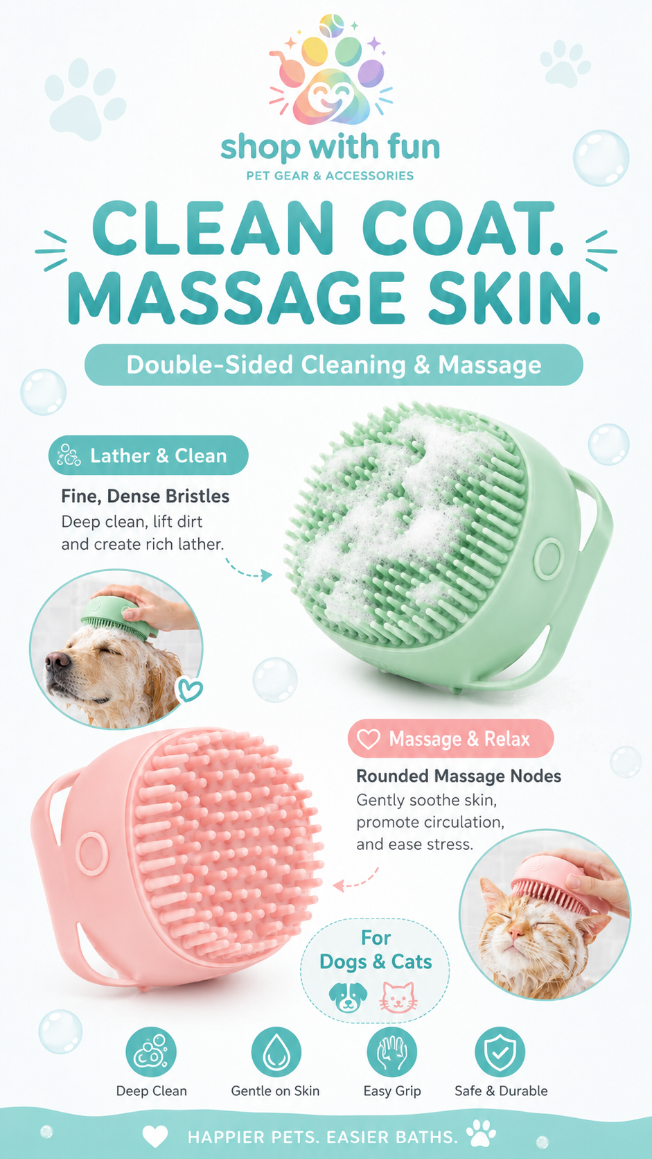 Double-sided silicone pet bath brush with fine cleaning bristles and rounded massage nodes for lathering, washing, and gentle bath-time massage