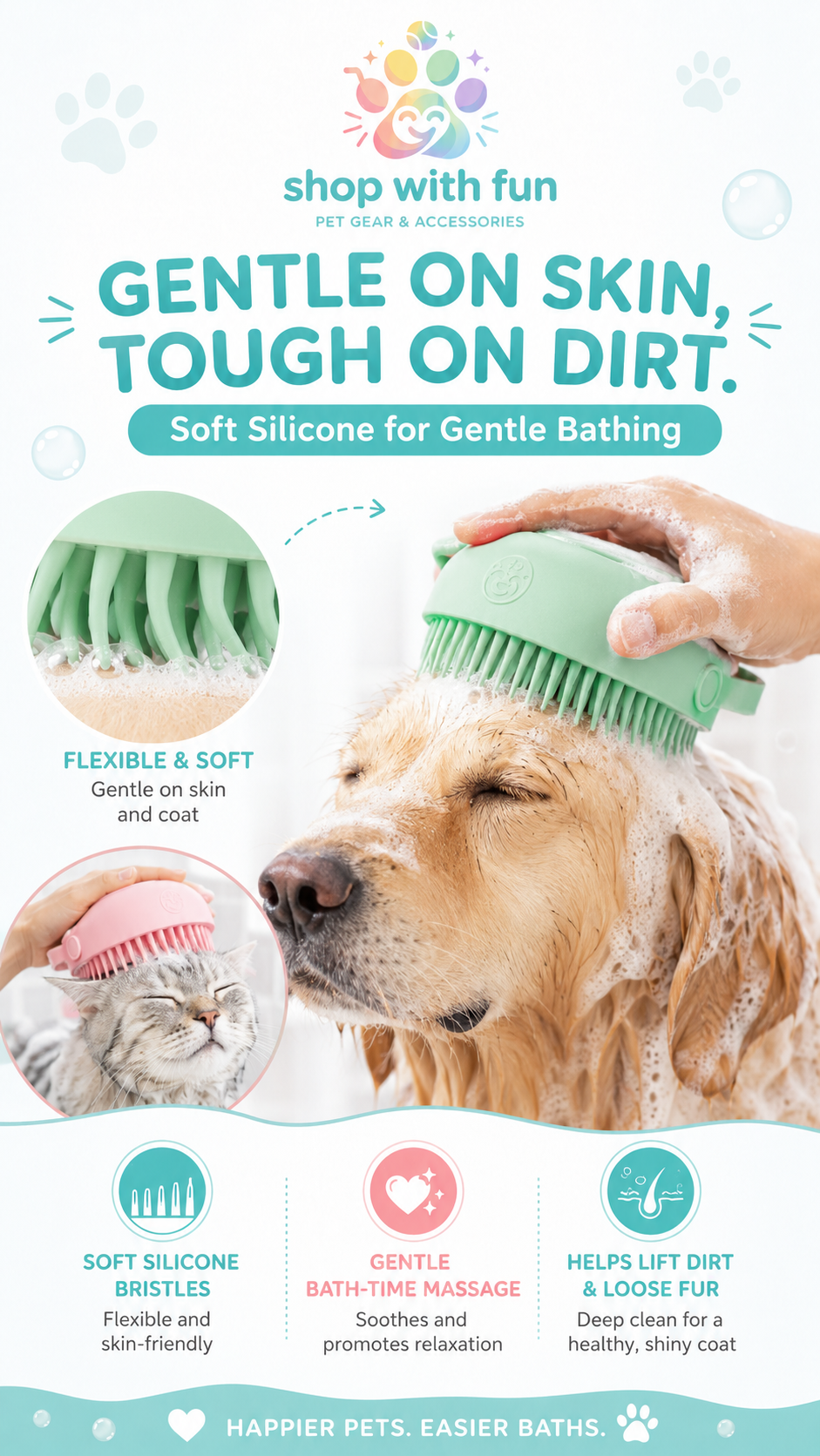 Soft silicone pet shampoo brush gently cleaning a dog’s coat with flexible bristles designed to help lift dirt, loose fur, and bath-time residue