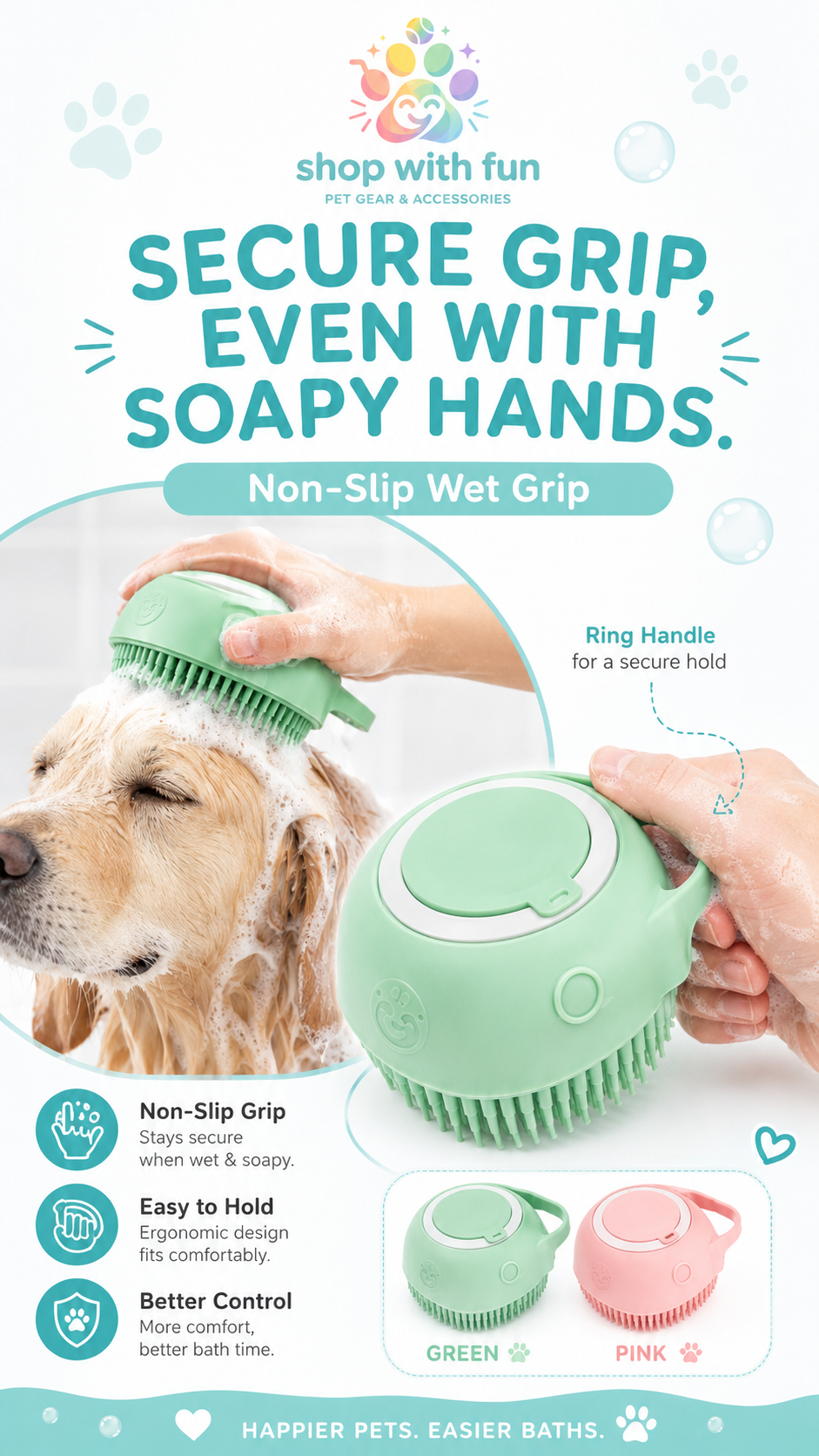 Pet bath brush with ring handle and non-slip wet grip, designed to stay secure in soapy hands during dog and cat bathing