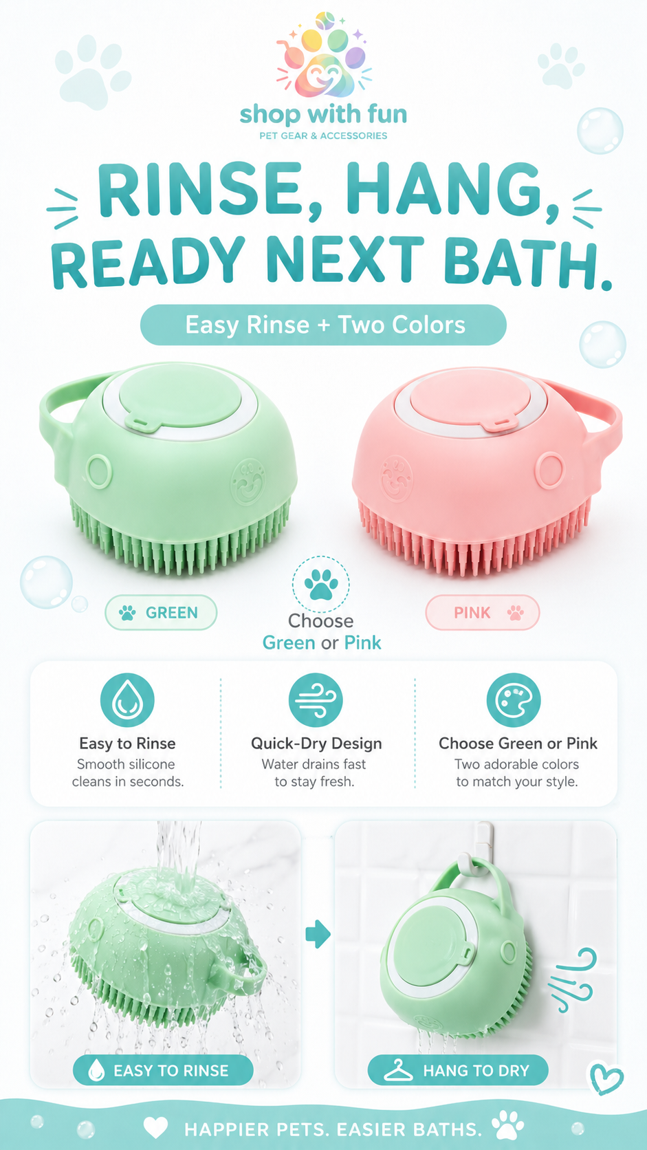 Easy-rinse silicone pet bath brush and shampoo dispenser available in green and pink, with quick-dry hanging design for the next bath