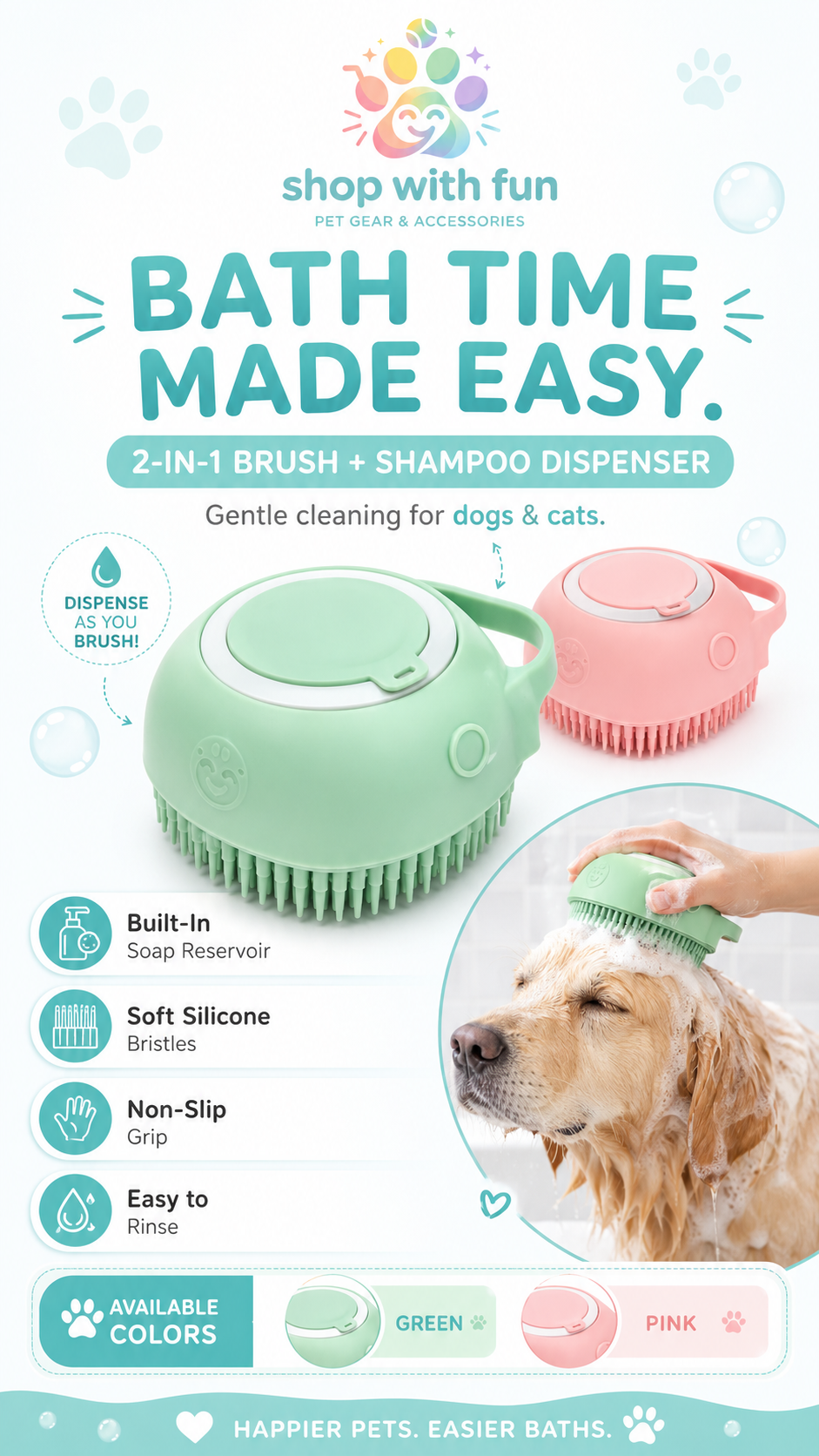 2-in-1 silicone pet bath brush and shampoo dispenser for dogs and cats with built-in soap reservoir, soft bristles, non-slip grip, and green pink color options