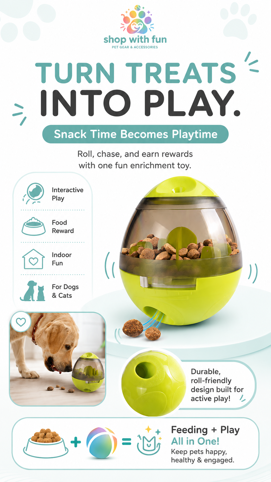 Interactive pet food dispenser toy that turns treats into playtime with rolling, chasing, wobbling, and food reward action