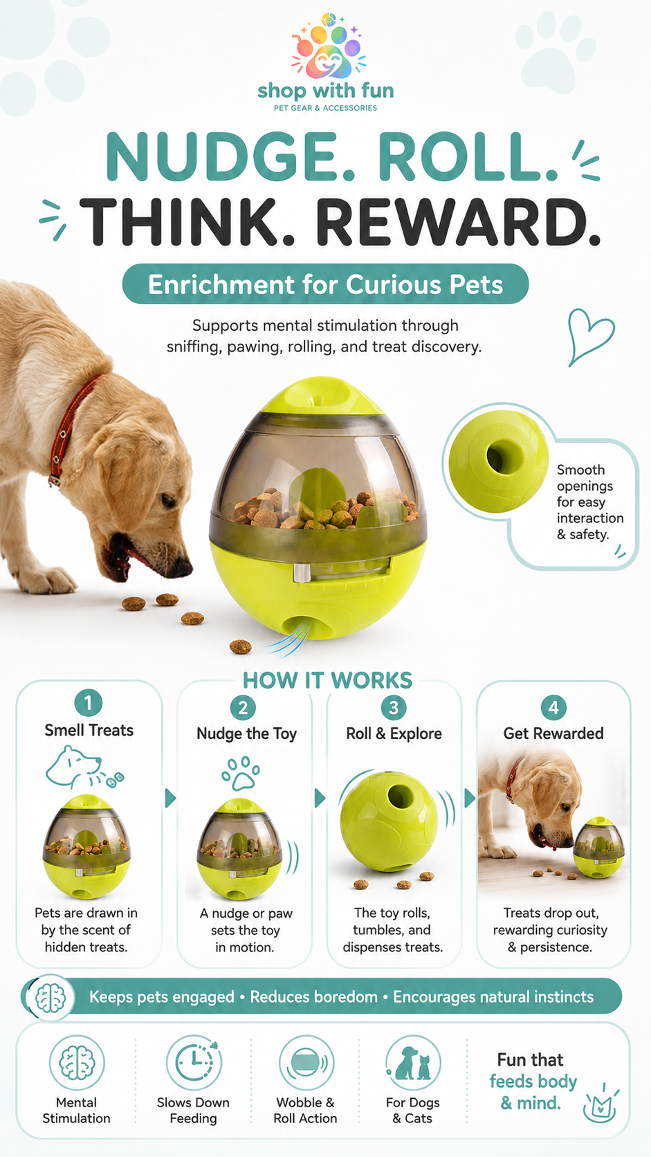 Dog and cat enrichment toy that encourages pets to nudge, roll, sniff, think, and earn treats through interactive play