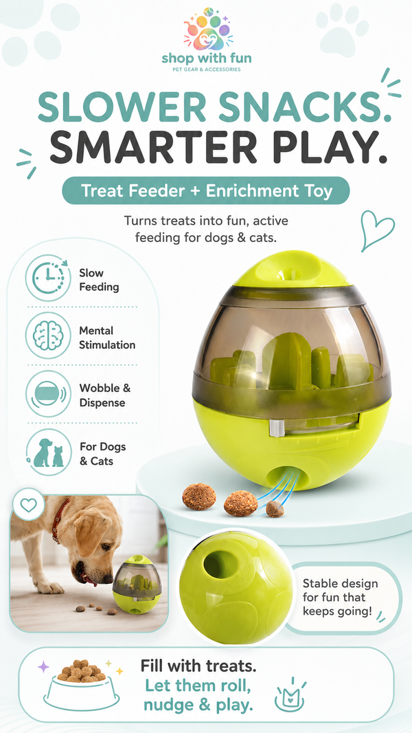 Pet food feeder dispenser toy for dogs and cats, designed for slower snack time, mental stimulation, wobble play, and treat dispensing in green and pink