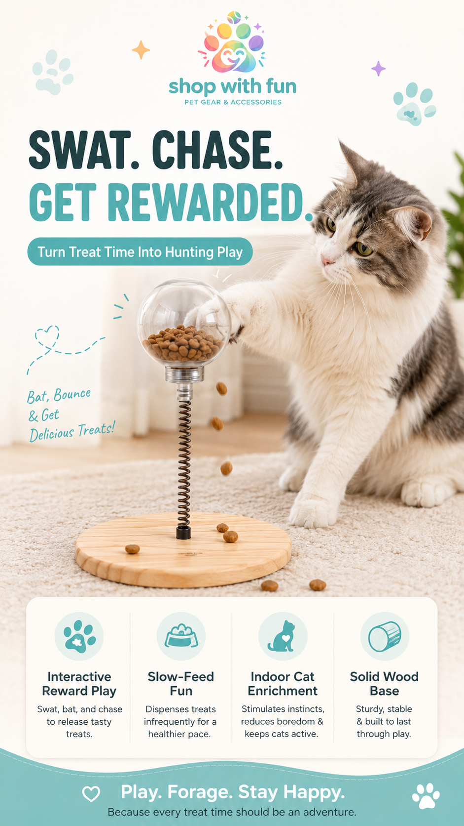 Cat playing with wooden treat dispenser spring toy, swatting the treat capsule to release snacks and encourage hunting-style indoor play