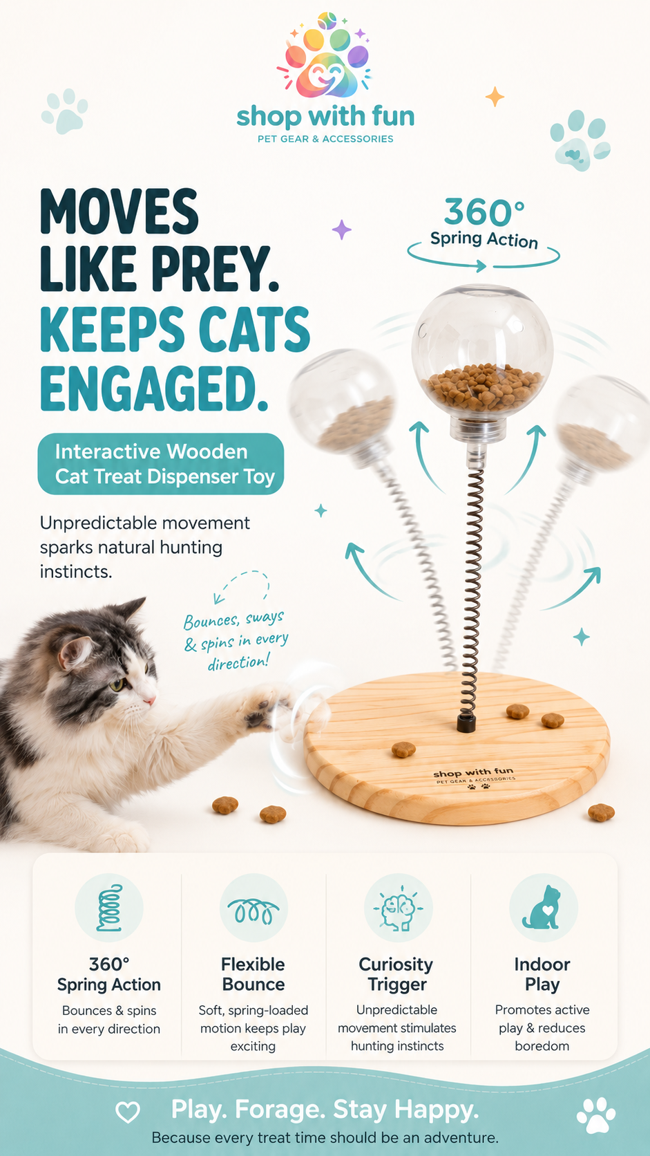 Spring-loaded cat treat dispenser toy with 360-degree flexible movement that bounces, sways, and keeps indoor cats engaged through interactive play