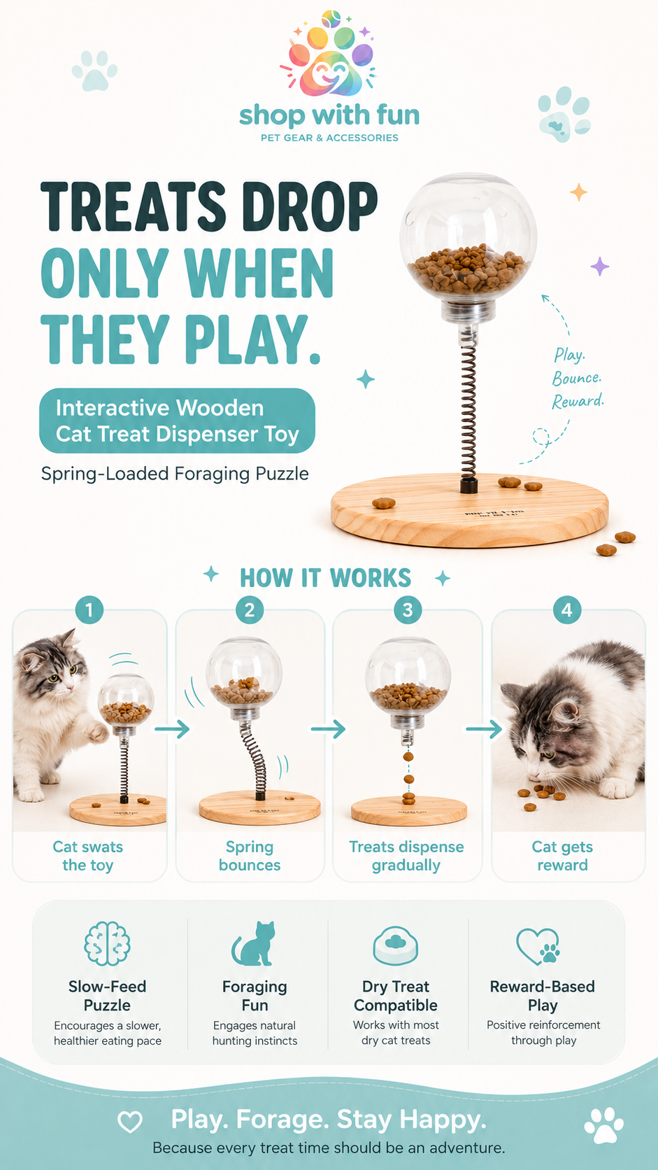 Wooden cat treat dispenser toy showing treats dropping only when cats play, with slow-feed capsule holes for foraging and reward-based enrichment