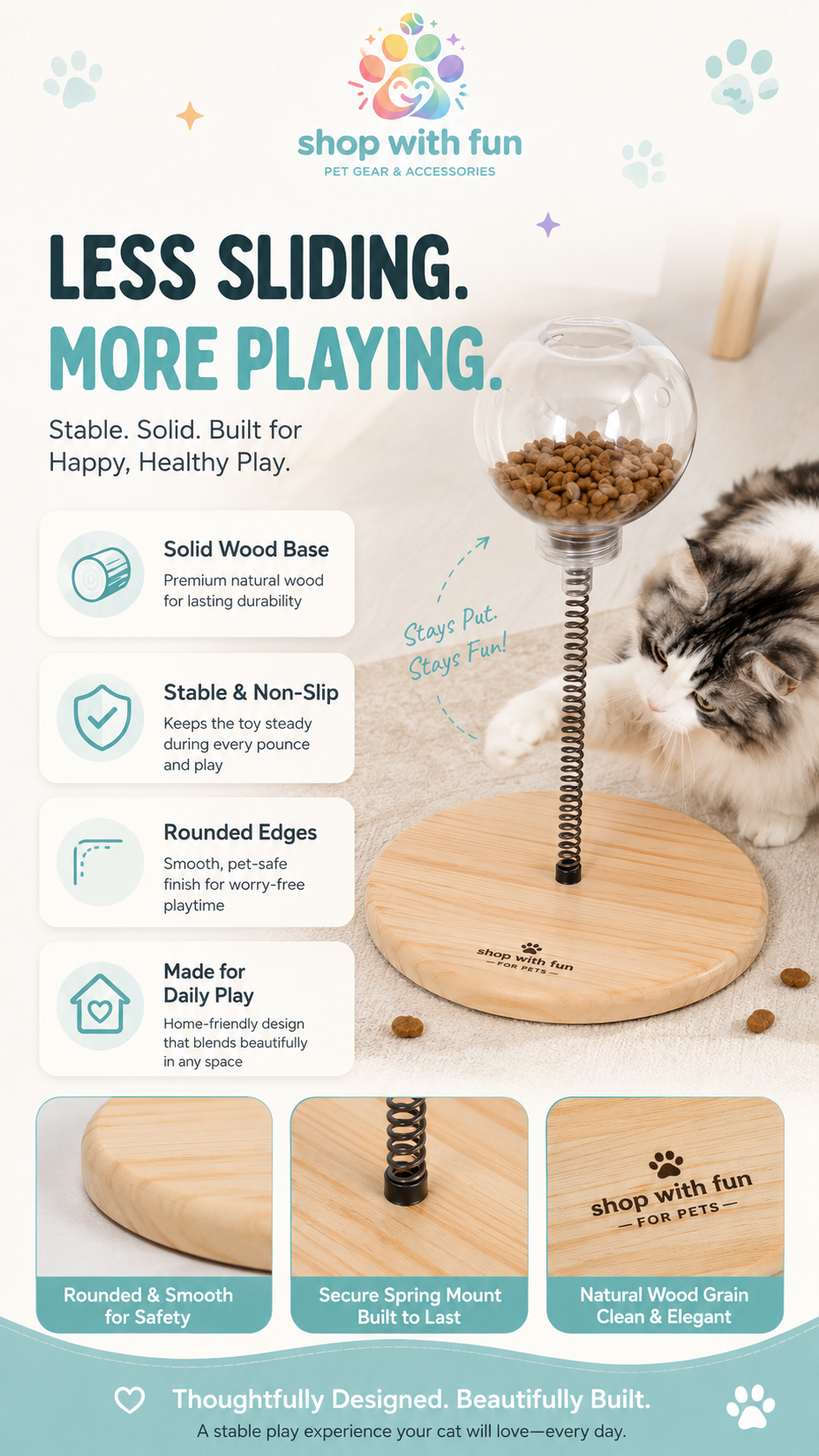 Wooden cat spring toy with solid non-slip base, rounded smooth edges, secure spring mount, and natural wood grain for stable daily play