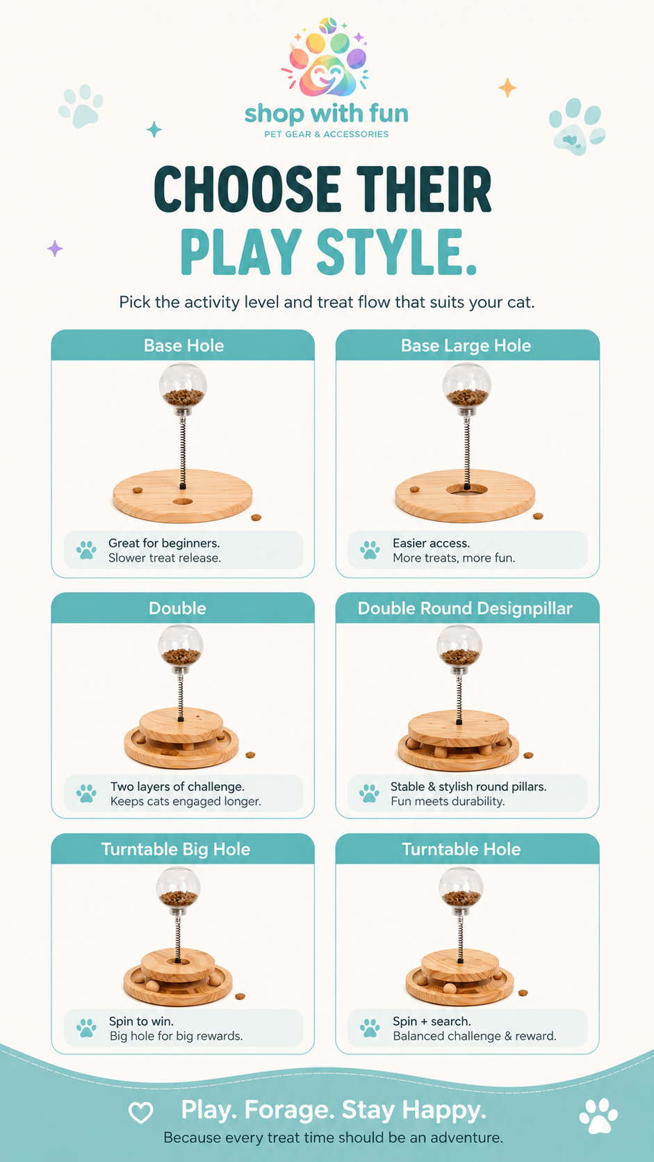 Interactive wooden cat treat dispenser toy available in base hole, large hole, double, double round pillar, turntable big hole, and turntable hole styles