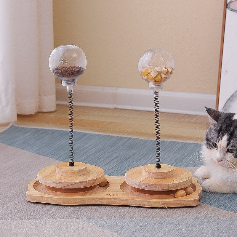 Interactive Wooden Cat Treat Dispenser Toy - Spring-Loaded Foraging Puzzle - Double 
