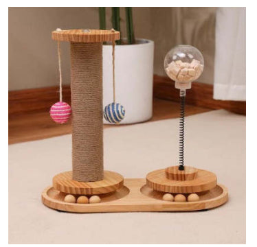 Interactive Wooden Cat Treat Dispenser Toy - Spring-Loaded Foraging Puzzle - Double Round Design Pillar