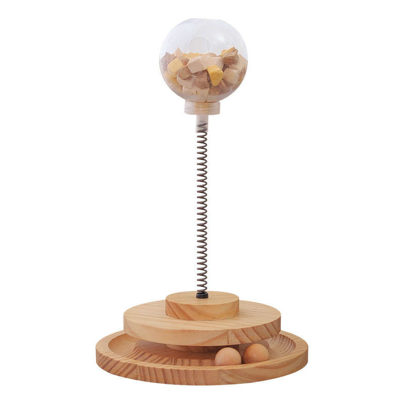 Interactive Wooden Cat Treat Dispenser Toy - Spring-Loaded Foraging Puzzle - Turntable Big Hole