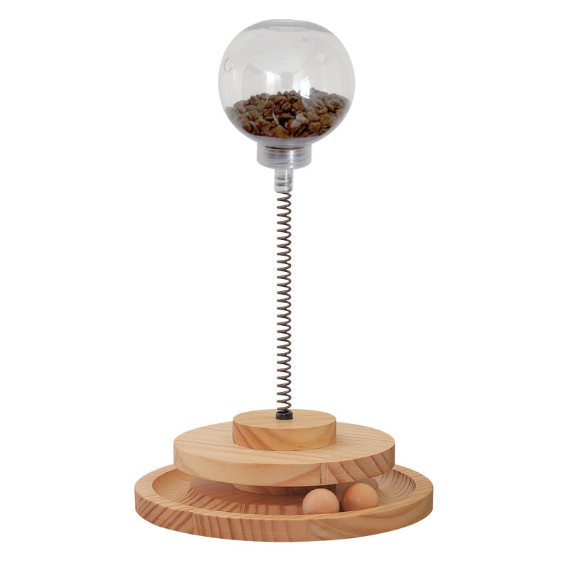 Interactive Wooden Cat Treat Dispenser Toy - Spring-Loaded Foraging Puzzle - Turntable Hole