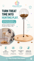 Interactive wooden cat treat dispenser spring toy with 360-degree spring action, slow-feed treat capsule, solid wood base, and indoor cat enrichment design
