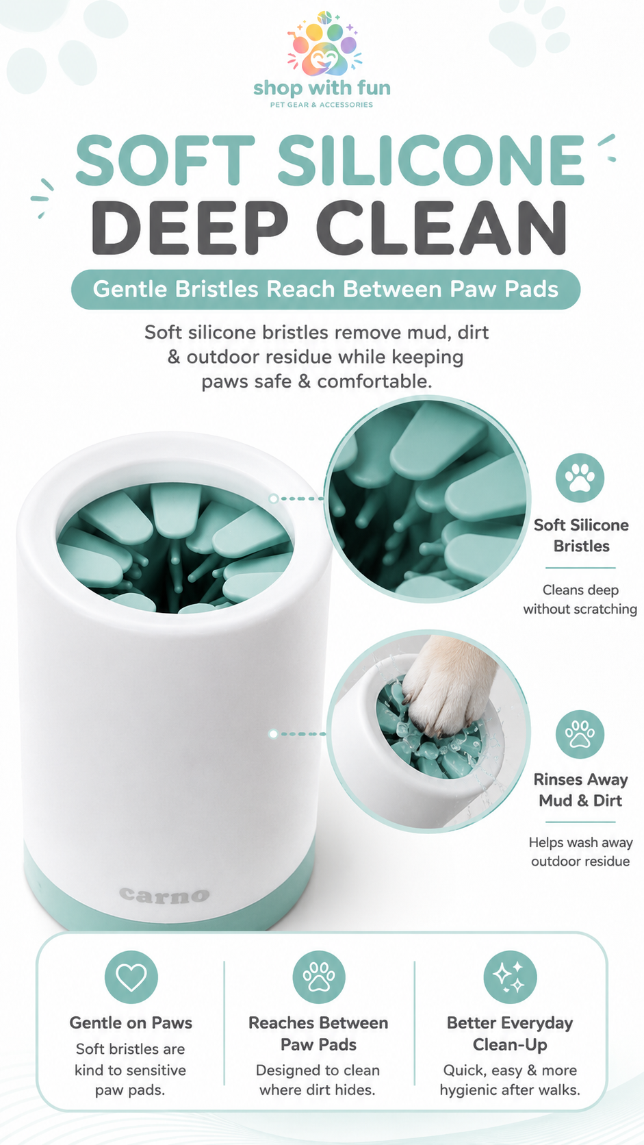 Dog paw cleaner cup with soft silicone bristles designed to reach between paw pads and rinse away mud, dirt, and outdoor residue