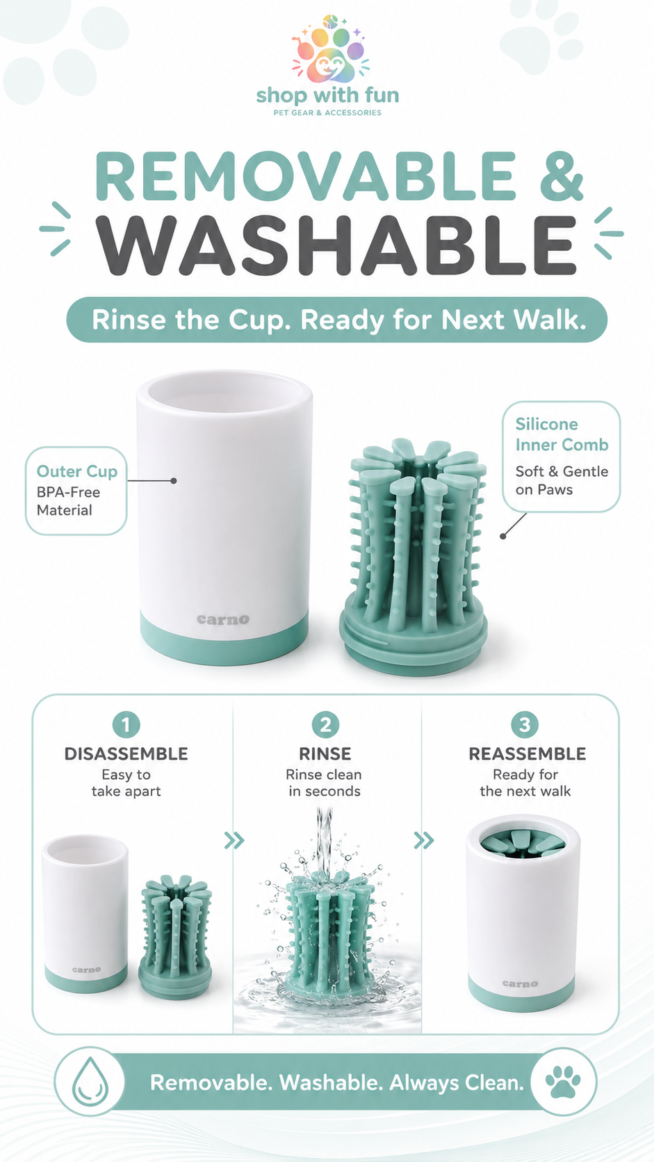 Removable and washable pet paw cleaner cup with detachable silicone inner comb, easy rinse cleaning, and simple reassembly for next walk