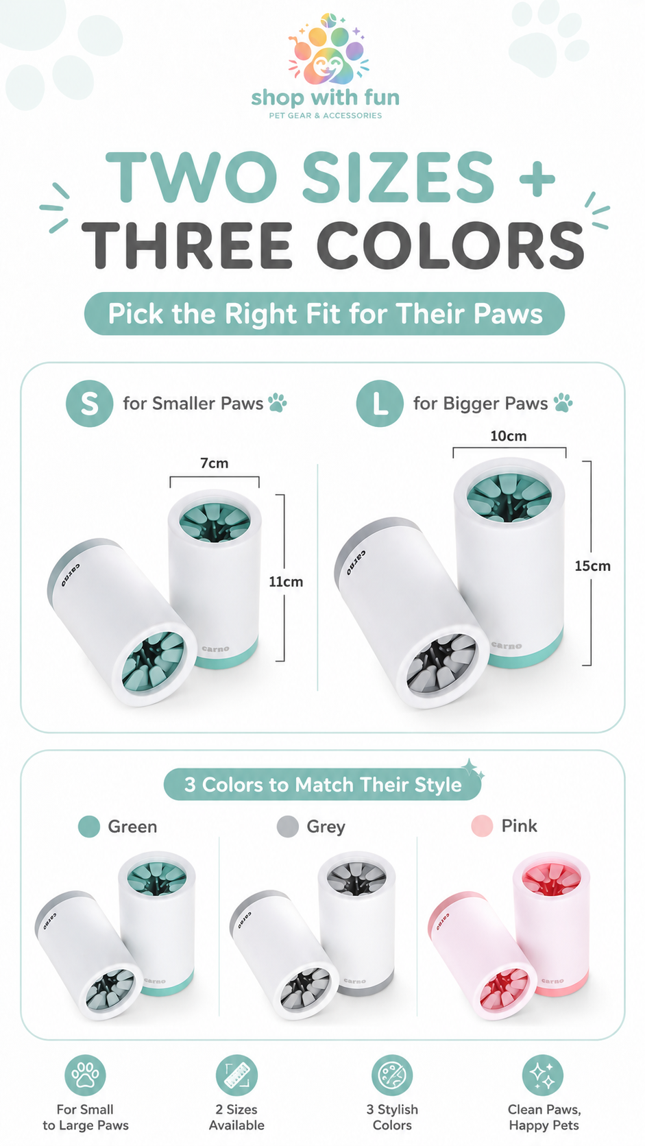 Portable pet paw cleaner cup available in S and L sizes with green, grey, and pink color options for small to large dog paws