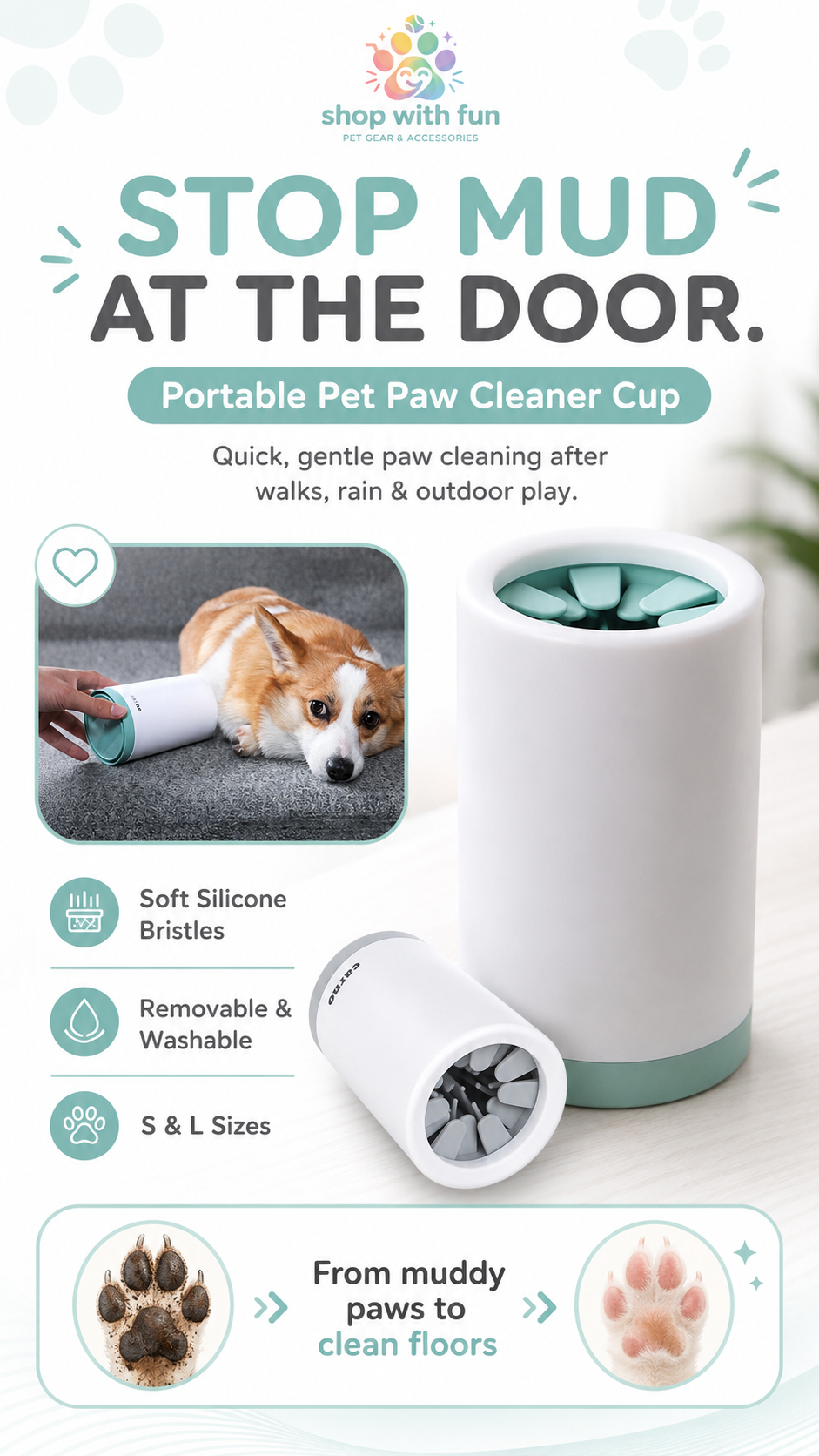 Portable pet paw cleaner cup with soft silicone bristles, removable washable design, and S and L size options for quick paw cleaning after walks, rain, and outdoor play