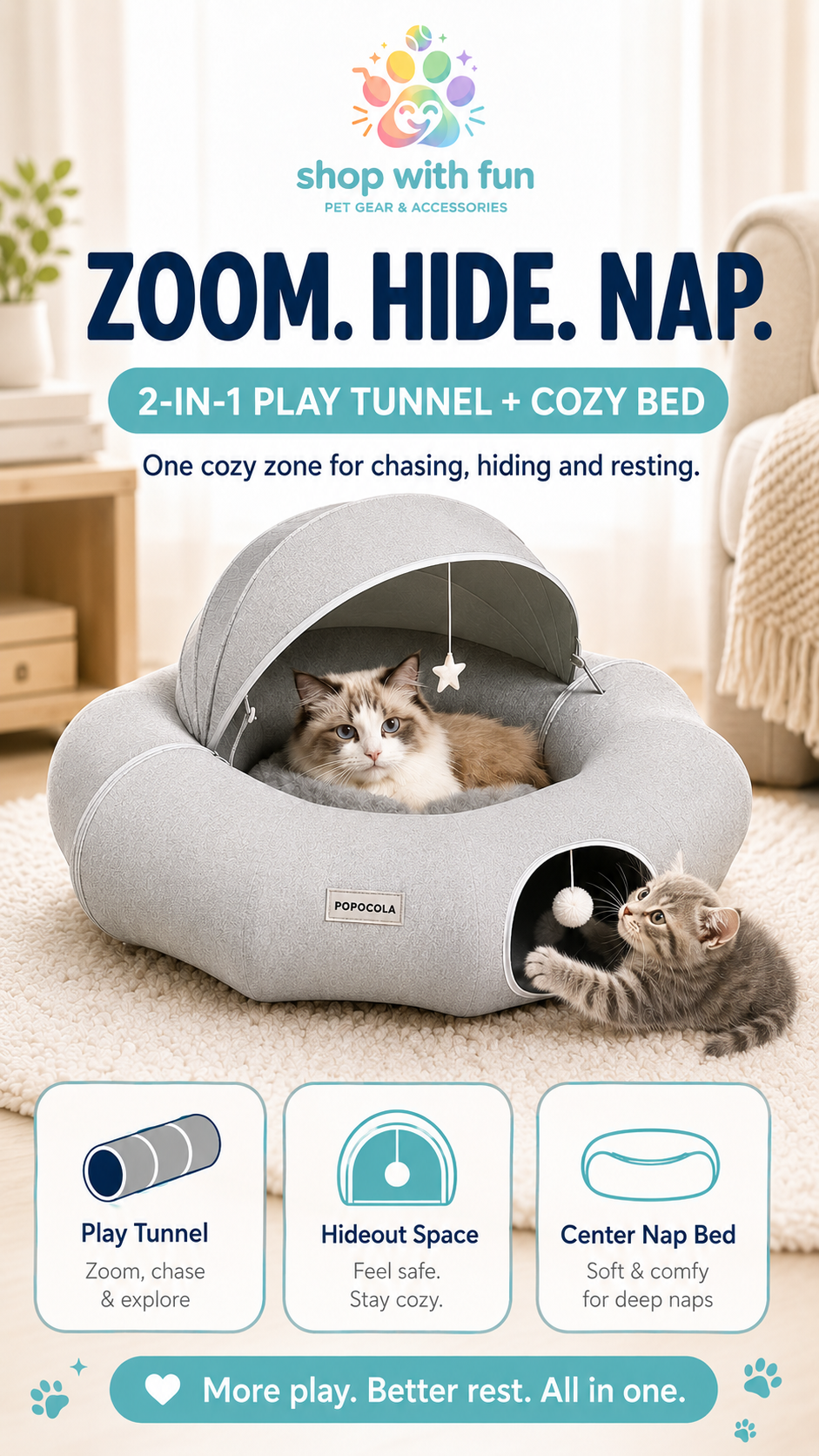2-in-1 donut cat tunnel bed for indoor cats, combining a play tunnel, hideout space, and soft center nap bed for chasing, hiding, and resting
