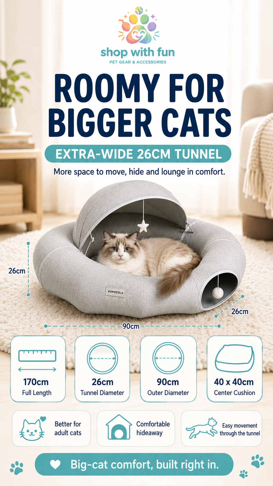 Extra-wide donut cat tunnel bed with 26cm tunnel diameter, 90cm outer diameter, 170cm full length, and 40 x 40cm center cushion for adult cats