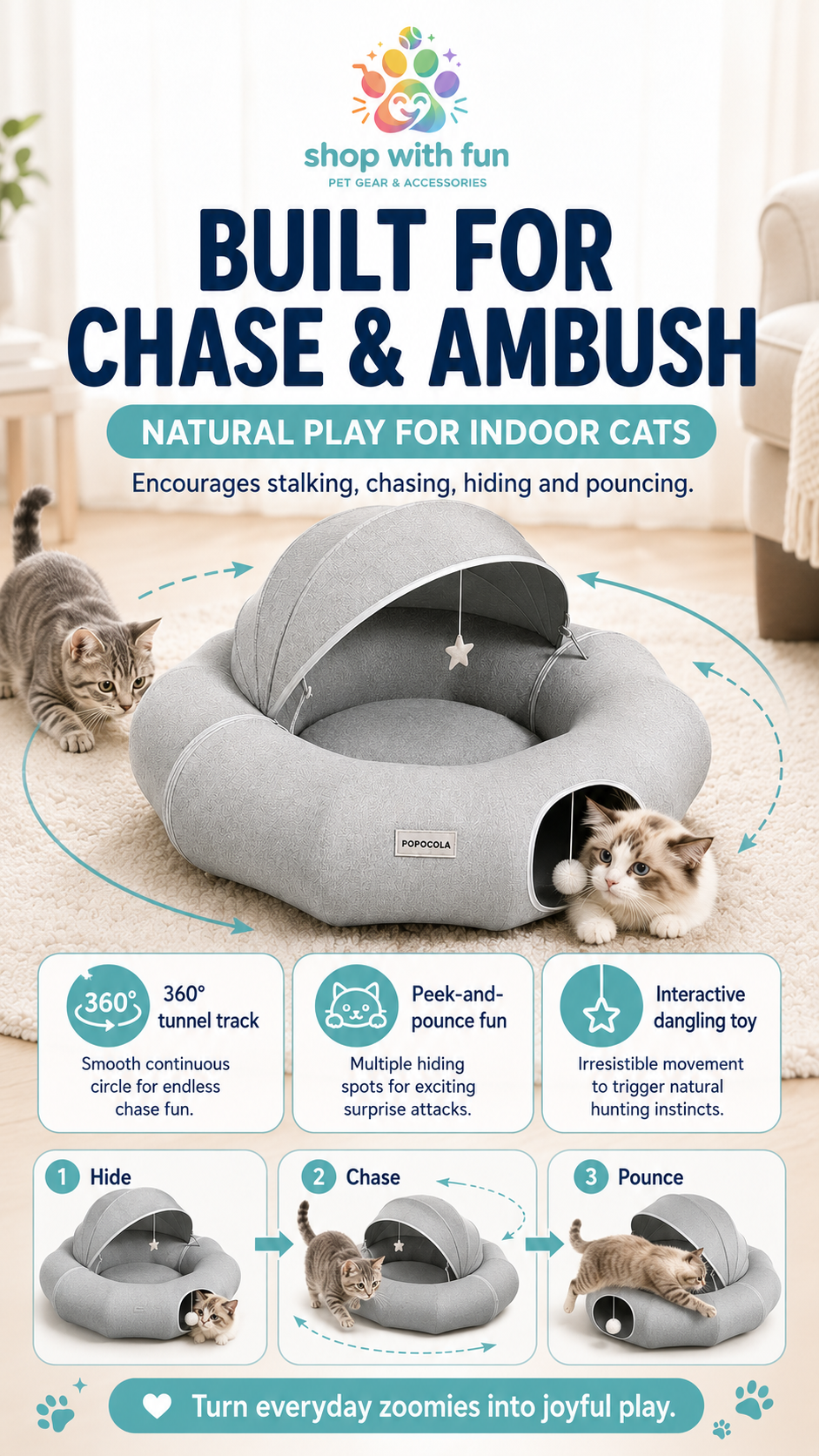 Circular cat tunnel bed designed for natural hunting play, with 360-degree tunnel track, peek-and-pounce openings, and dangling toy for indoor cats