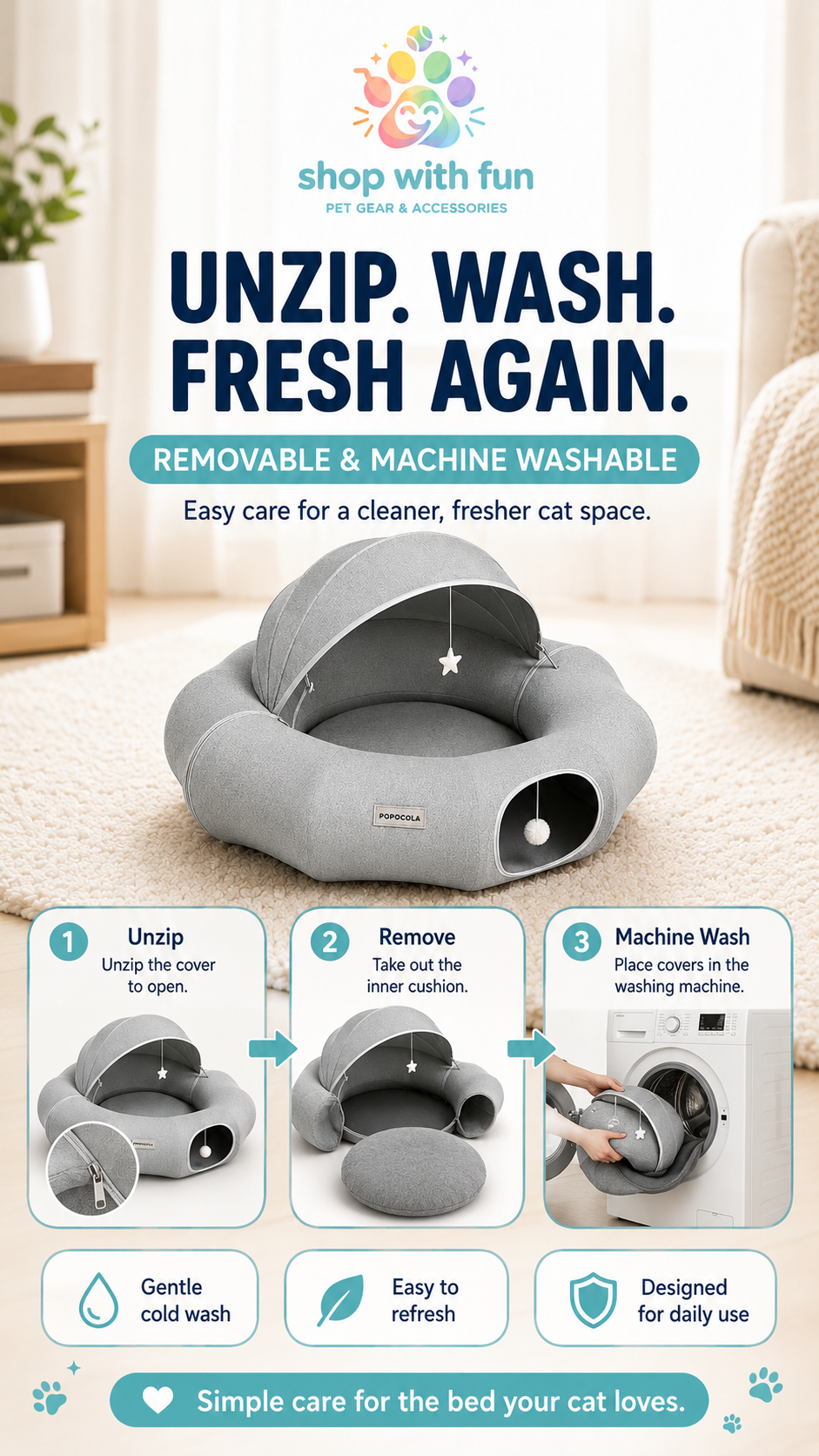 Removable and machine washable cat tunnel bed with unzip design, detachable center cushion, and easy-care fabric for a cleaner cat play and nap space