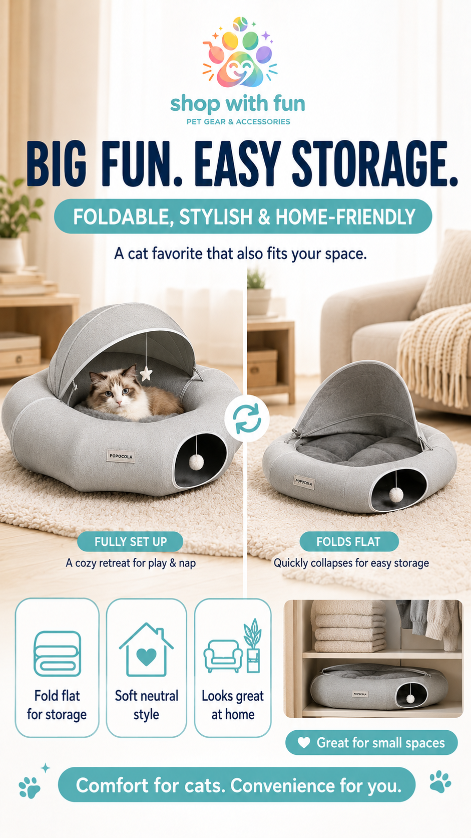 Foldable donut cat tunnel bed that collapses for compact storage, with soft neutral style for living rooms and small spaces