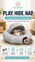 Foldable donut cat tunnel bed with 2-in-1 play tunnel and cozy nap bed design for indoor cats, featuring extra-large 26cm tunnel, washable cover, and easy storage