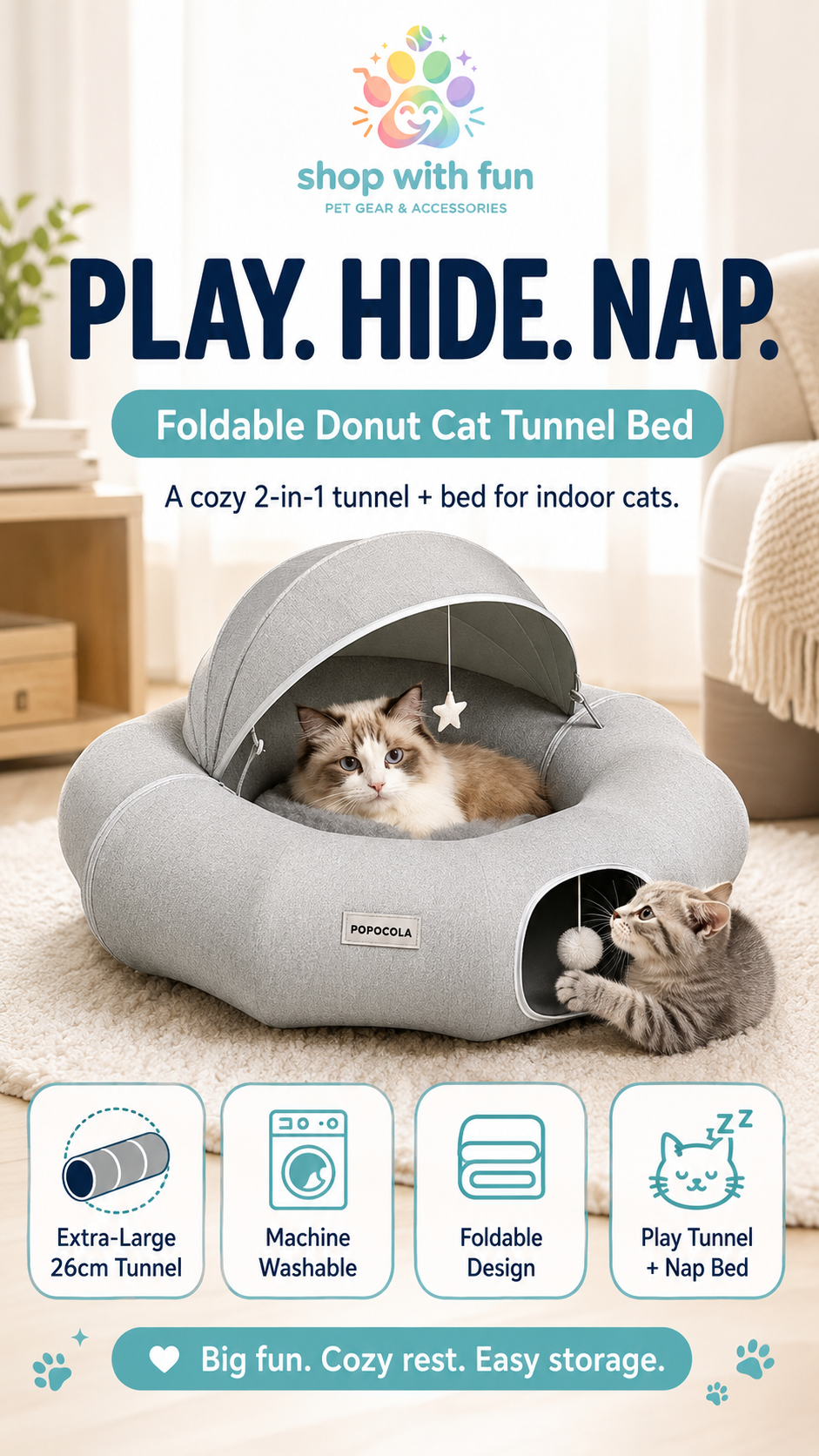 Foldable donut cat tunnel bed with 2-in-1 play tunnel and cozy nap bed design for indoor cats, featuring extra-large 26cm tunnel, washable cover, and easy storage