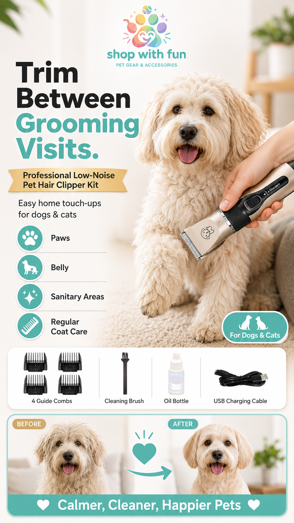 Low-noise pet hair clipper for home grooming touch-ups, suitable for trimming paws, belly, sanitary areas, and regular coat maintenance for dogs and cats