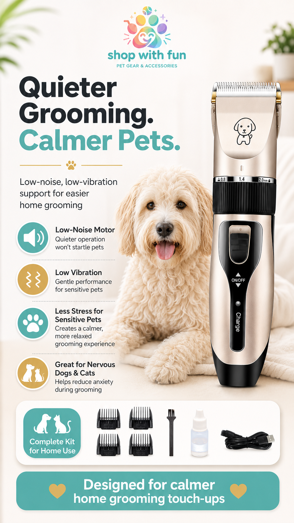 Quiet pet grooming clipper with low-noise motor and low-vibration design to help make home grooming calmer for nervous dogs and cats