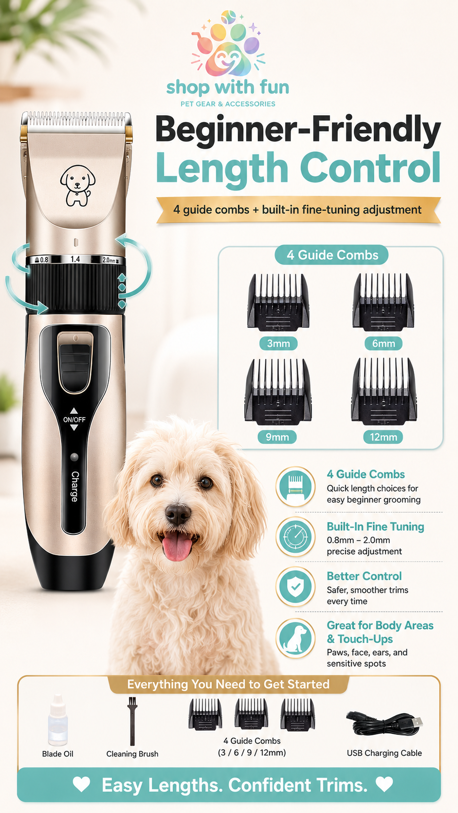 Beginner-friendly pet hair clipper with 4 guide combs and fine-tuning length adjustment for safer trimming and easier coat maintenance