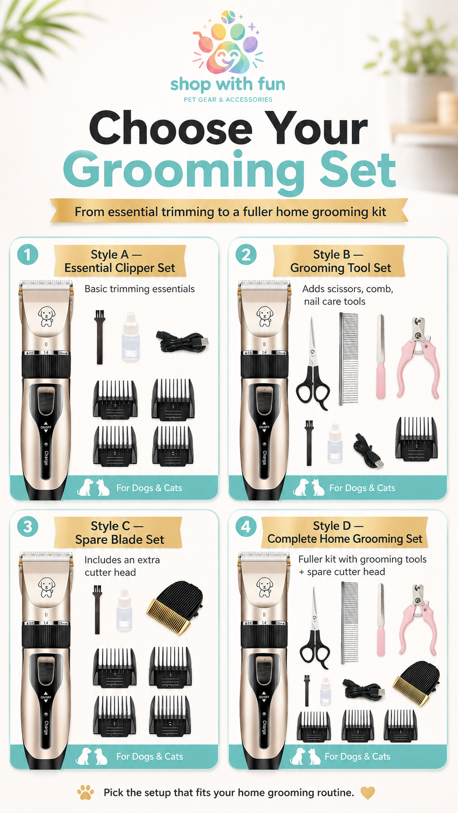Professional pet grooming clipper kit available in essential clipper set, grooming tool set, spare blade set, and complete home grooming set options