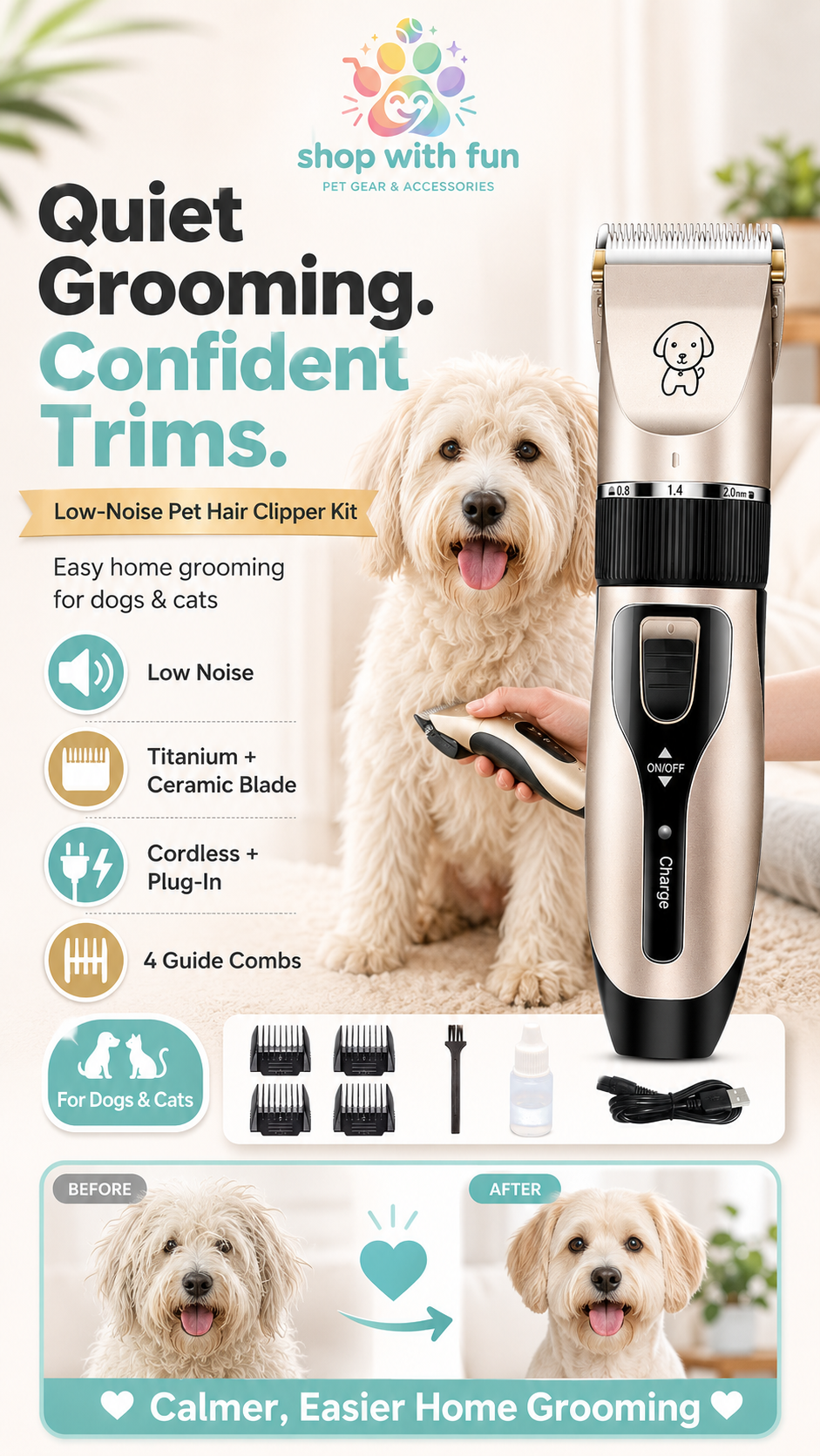 Professional low-noise pet hair clipper kit for dogs and cats with titanium ceramic blade, cordless and plug-in use, 4 guide combs, and easy home grooming design