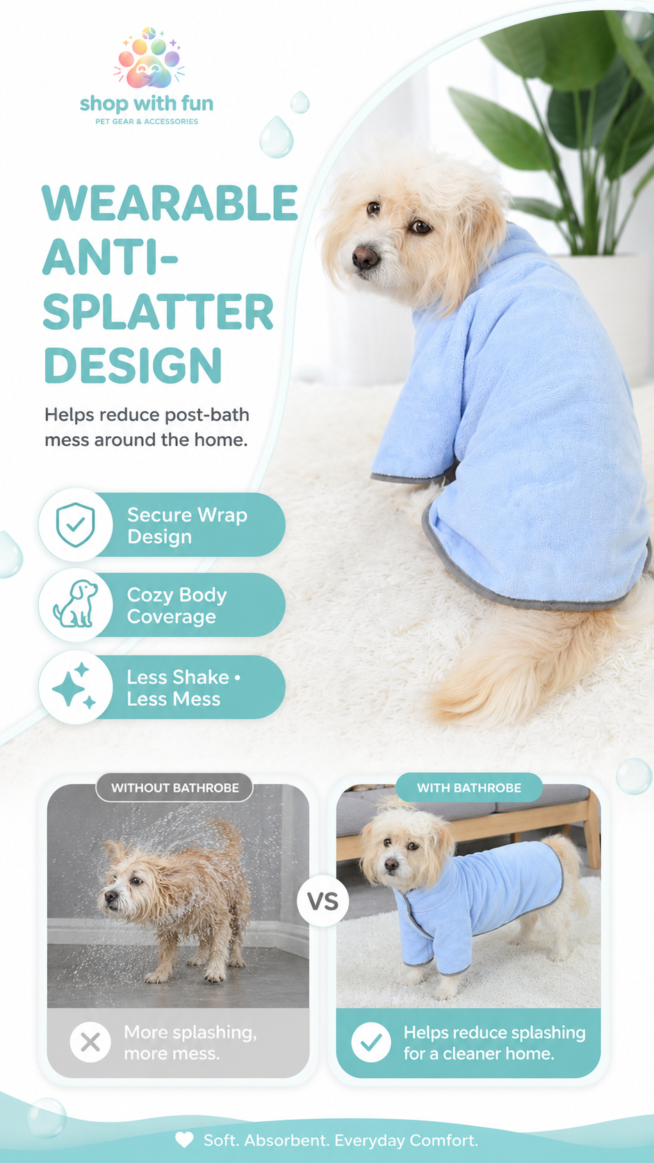 Wearable dog bathrobe towel helping reduce post-bath shaking, water splatter, and mess around the home after washing