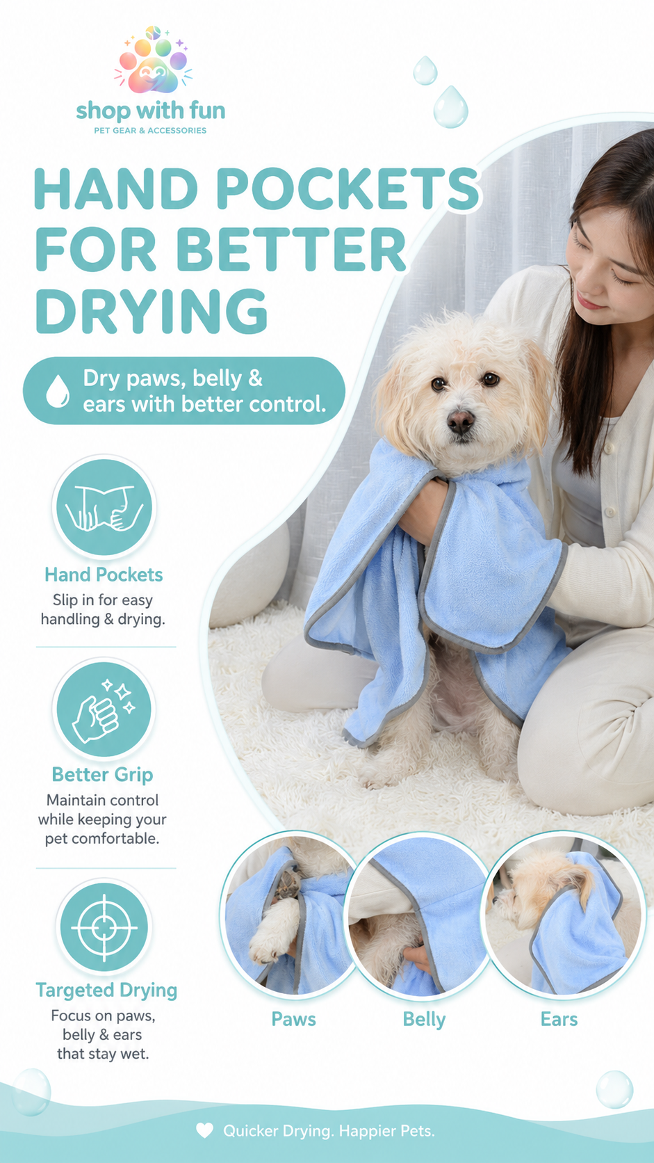 Pet bathrobe towel with hand pockets for controlled drying of wet paws, belly, and ears after baths or rainy walks