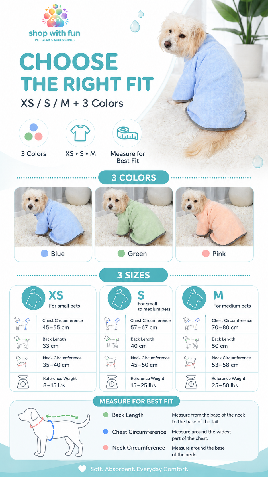 Quick-drying pet bathrobe towel size guide with XS, S, and M options plus blue, green, and pink colors for dogs and cats