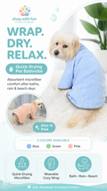 Quick-drying microfiber pet bathrobe towel for dogs and cats with wearable wrap design, absorbent fabric, blue green pink color options, and bath rain beach use