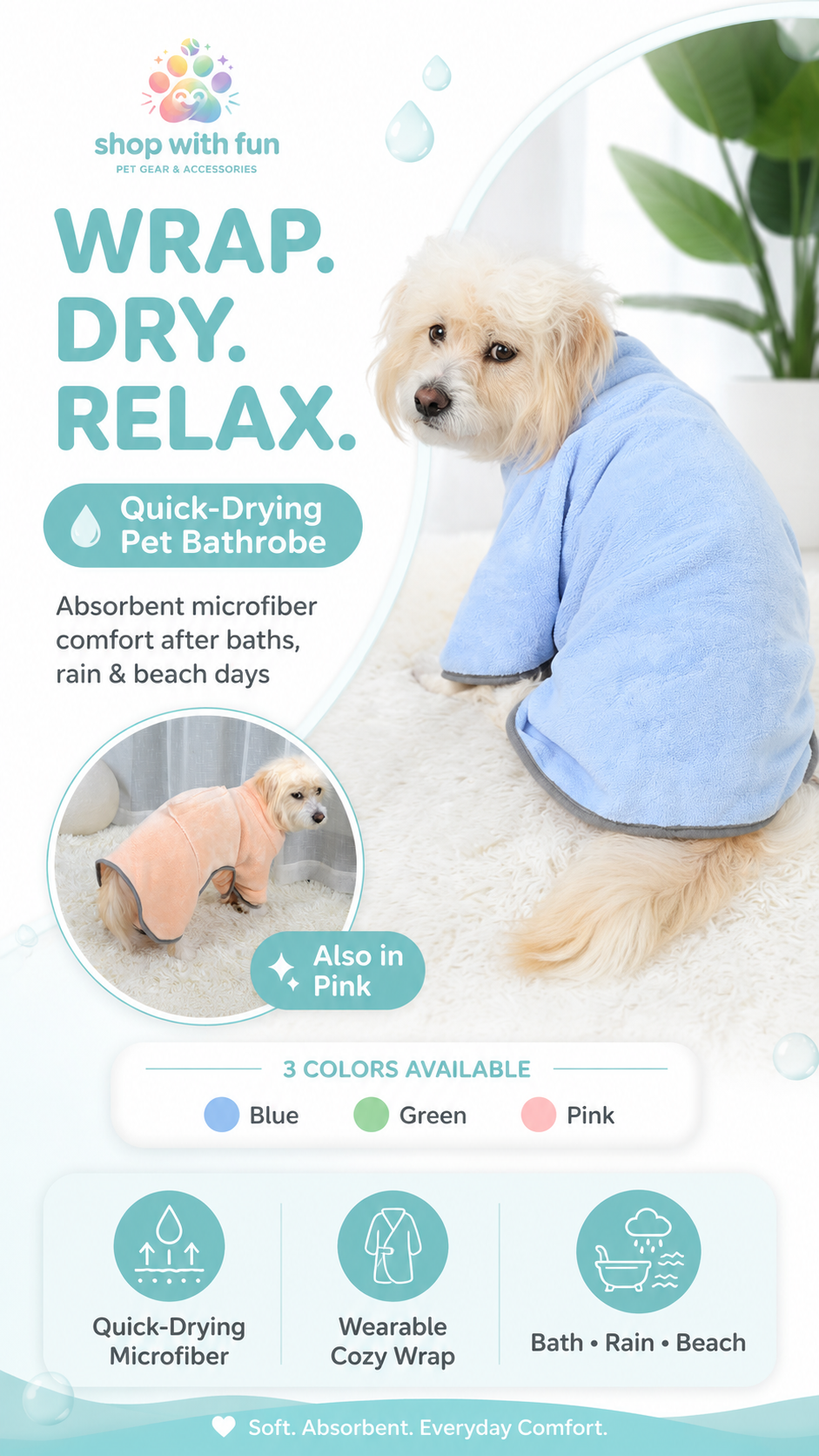 Quick-drying microfiber pet bathrobe towel for dogs and cats with wearable wrap design, absorbent fabric, blue green pink color options, and bath rain beach use