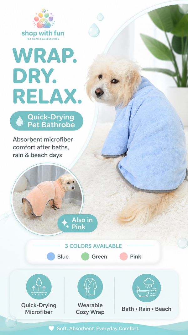 Quick-drying microfiber pet bathrobe towel for dogs and cats with wearable wrap design, absorbent fabric, blue green pink color options, and bath rain beach use