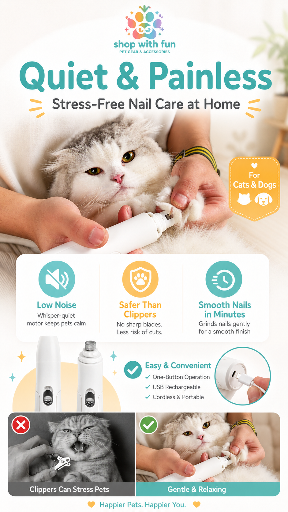 Quiet and painless pet nail grinder for cats and dogs, showing stress-free nail care at home with low noise, safer grinding, and smooth nail trimming benefits