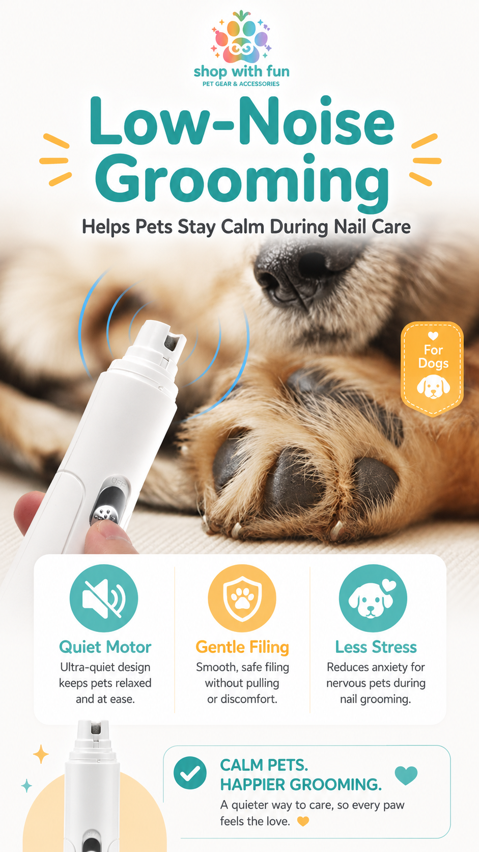 Low-noise pet nail grinder for dogs, showing quiet motor, gentle filing, and calmer nail grooming for nervous pets