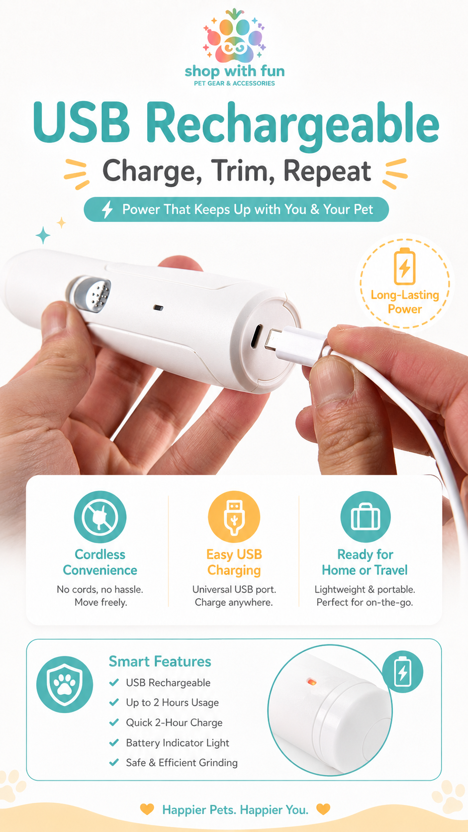 USB rechargeable pet nail grinder showing easy charging, cordless use, portable grooming, and long-lasting power for home or travel