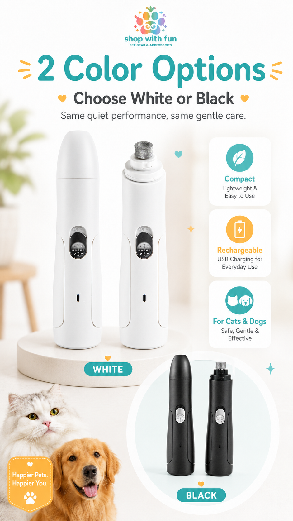 Pet nail grinder available in white and black color options, lightweight rechargeable design for cats and dogs